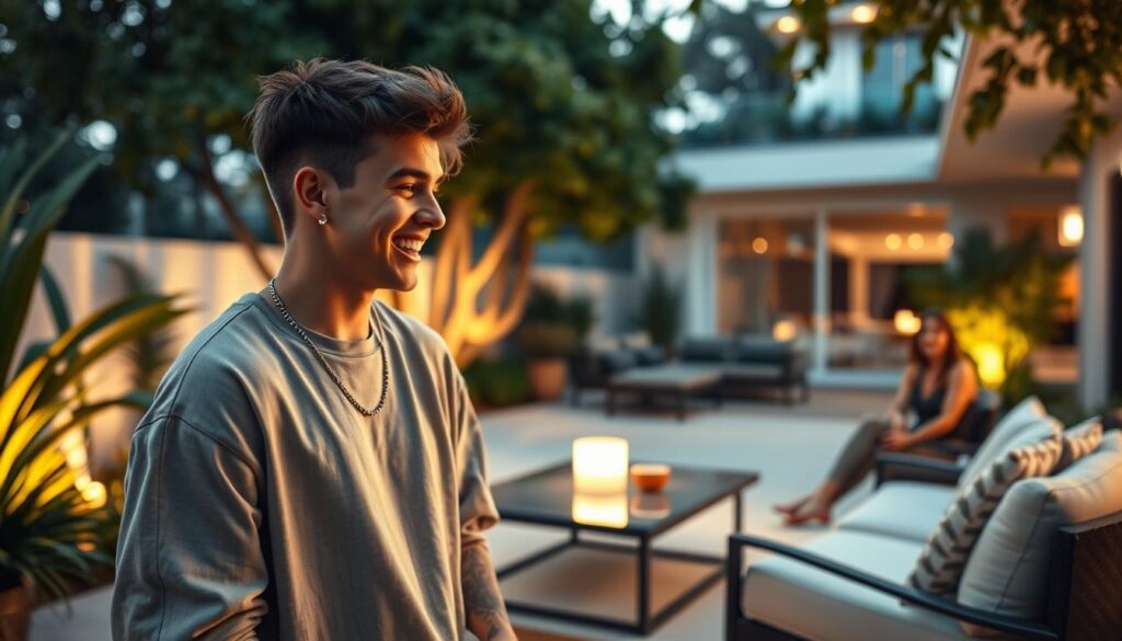 A candid moment in Justin Bieber's private life, capturing him in a serene backyard setting adorned with lush greenery and elegant outdoor furniture. In the foreground, Justin, dressed in comfortable yet stylish casual wear, is laughing and sharing a relaxed conversation with close friends. The middle ground features a chic patio area with soft lighting, accentuated by gentle, warm hues of sunset. In the background, the soft blur of a modern home is visible, contributing to a cozy atmosphere. The scene conveys a sense of intimacy and camaraderie, reflecting the personal side of his life that influences his career and wealth. The lighting is soft and inviting, creating an overall mood of warmth and connection. A candid moment in Justin Bieber's private life, capturing him in a serene backyard setting adorned with lush greenery and elegant outdoor furniture. In the foreground, Justin, dressed in comfortable yet stylish casual wear, is laughing and sharing a relaxed conversation with close friends. The middle ground features a chic patio area with soft lighting, accentuated by gentle, warm hues of sunset. In the background, the soft blur of a modern home is visible, contributing to a cozy atmosphere. The scene conveys a sense of intimacy and camaraderie, reflecting the personal side of his life that influences his career and wealth. The lighting is soft and inviting, creating an overall mood of warmth and connection.