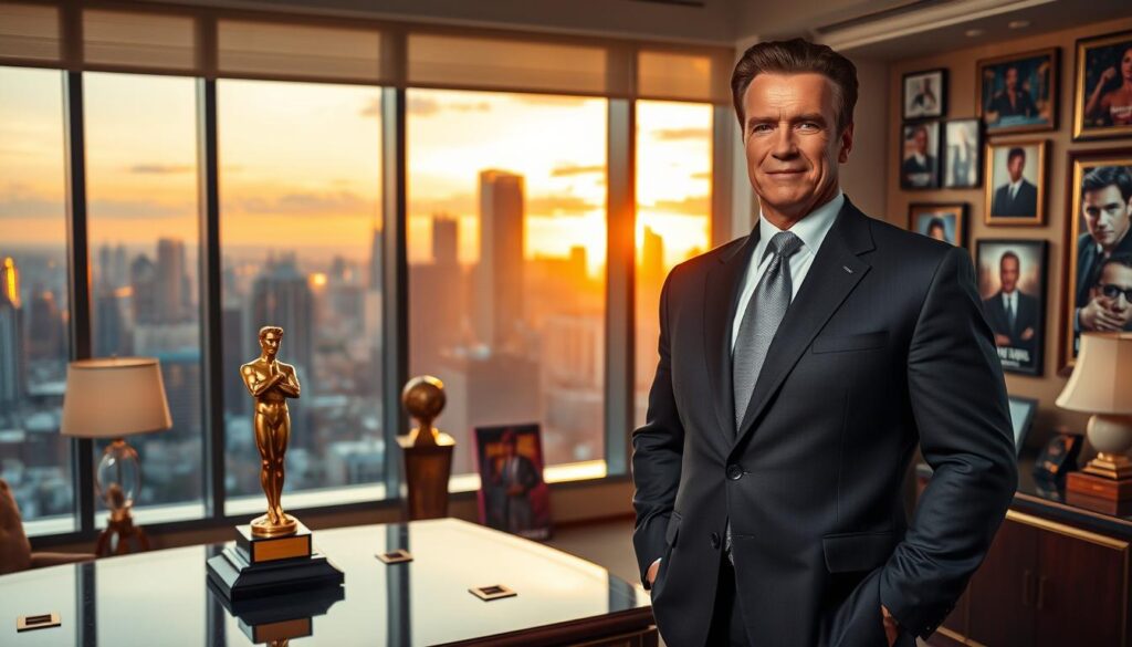 A charismatic middle-aged Arnold Schwarzenegger in a tailored suit, standing confidently in a luxurious office filled with business awards and memorabilia from his film career. In the foreground, a sleek desk with gold accents holds a golden statuette representing success. The middle ground features large windows showcasing a view of a vibrant, bustling city skyline during sunset, casting warm, golden light across the room. The background reveals a wall adorned with iconic movie posters and framed photos of Schwarzenegger's achievements. The atmosphere conveys ambition and success, with a hint of nostalgia for his cinematic legacy. The lighting is soft and warm, creating an inviting, professional mood. A charismatic middle-aged Arnold Schwarzenegger in a tailored suit, standing confidently in a luxurious office filled with business awards and memorabilia from his film career. In the foreground, a sleek desk with gold accents holds a golden statuette representing success. The middle ground features large windows showcasing a view of a vibrant, bustling city skyline during sunset, casting warm, golden light across the room. The background reveals a wall adorned with iconic movie posters and framed photos of Schwarzenegger's achievements. The atmosphere conveys ambition and success, with a hint of nostalgia for his cinematic legacy. The lighting is soft and warm, creating an inviting, professional mood.