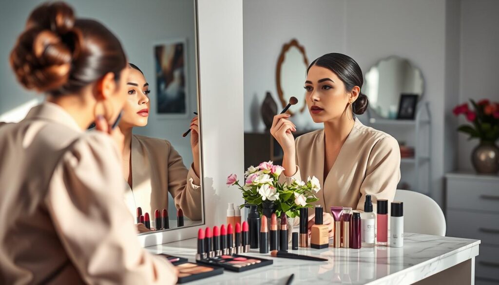 A chic, modern makeup station bathed in soft natural light, highlighting various stylish makeup products arranged elegantly on a marble countertop. In the foreground, a well-groomed woman in a fashionable, modest outfit examines her reflection in a large mirror, applying a fresh, trendy makeup look with precision brushes. The middle ground features beauty tools like lipsticks in various shades, skincare items, and a small bouquet of flowers for a touch of freshness. In the background, subtle hints of a stylish vanity area can be seen, with artistic decor and a hint of greenery. The overall atmosphere is bright and inviting, conveying a sense of anticipation and creativity in preparing for a chic hairstyle or special occasion. A chic, modern makeup station bathed in soft natural light, highlighting various stylish makeup products arranged elegantly on a marble countertop. In the foreground, a well-groomed woman in a fashionable, modest outfit examines her reflection in a large mirror, applying a fresh, trendy makeup look with precision brushes. The middle ground features beauty tools like lipsticks in various shades, skincare items, and a small bouquet of flowers for a touch of freshness. In the background, subtle hints of a stylish vanity area can be seen, with artistic decor and a hint of greenery. The overall atmosphere is bright and inviting, conveying a sense of anticipation and creativity in preparing for a chic hairstyle or special occasion.