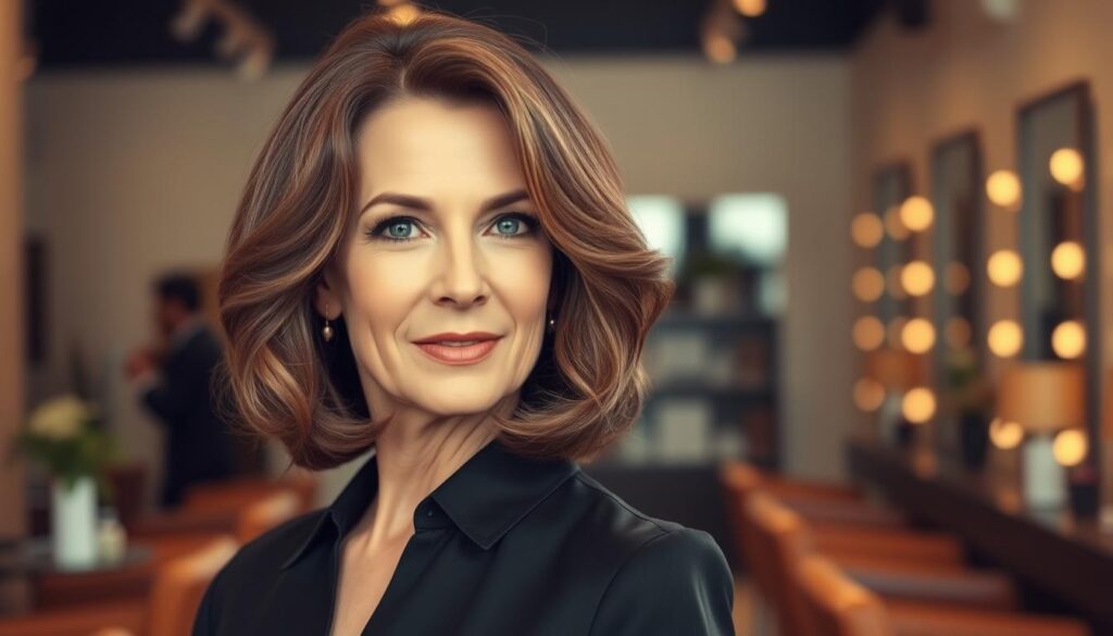A classic bob hairstyle, elegantly styled on a mature woman in her sixties, showcasing soft waves that frame her face. The subject is dressed in a sophisticated, tailored business blouse, exuding grace and confidence. The foreground emphasizes her graceful silhouette and stylish hair, while the background features a softly blurred, upscale salon environment bathed in warm, natural light that enhances the hair's glossy texture. The image is captured from a slight angle, emphasizing depth and dimension in her hairstyle. The overall mood is one of timeless elegance and sophistication, reflecting the beauty and volume of a classic bob.