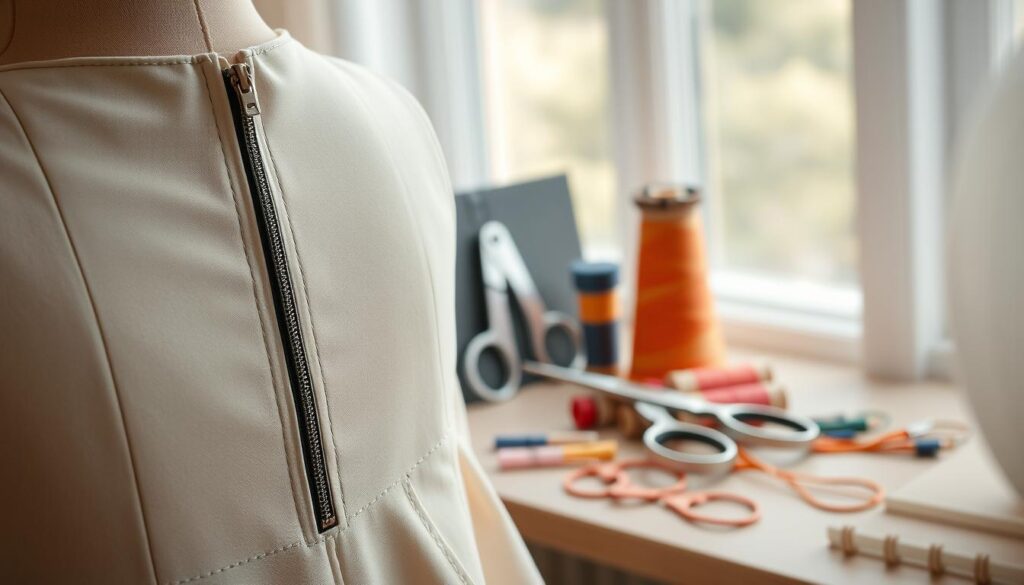 A close-up image showcasing a beautifully altered dress with a zipper on the back, elegantly displayed on a dress form. The foreground features intricate stitching techniques visible on the fabric, indicating how the dress has been modified for a perfect fit. In the middle, a pair of professional tailoring scissors and an array of colorful threads are artistically arranged, suggesting an expert's workspace. The background features soft, diffused natural light filtering through a window, creating a warm and inviting atmosphere, enhancing the focus on the craftsmanship of the dress alteration. This scene conveys a sense of professionalism and creativity in the art of dress alteration, setting an informative and inspiring mood. A close-up image showcasing a beautifully altered dress with a zipper on the back, elegantly displayed on a dress form. The foreground features intricate stitching techniques visible on the fabric, indicating how the dress has been modified for a perfect fit. In the middle, a pair of professional tailoring scissors and an array of colorful threads are artistically arranged, suggesting an expert's workspace. The background features soft, diffused natural light filtering through a window, creating a warm and inviting atmosphere, enhancing the focus on the craftsmanship of the dress alteration. This scene conveys a sense of professionalism and creativity in the art of dress alteration, setting an informative and inspiring mood.