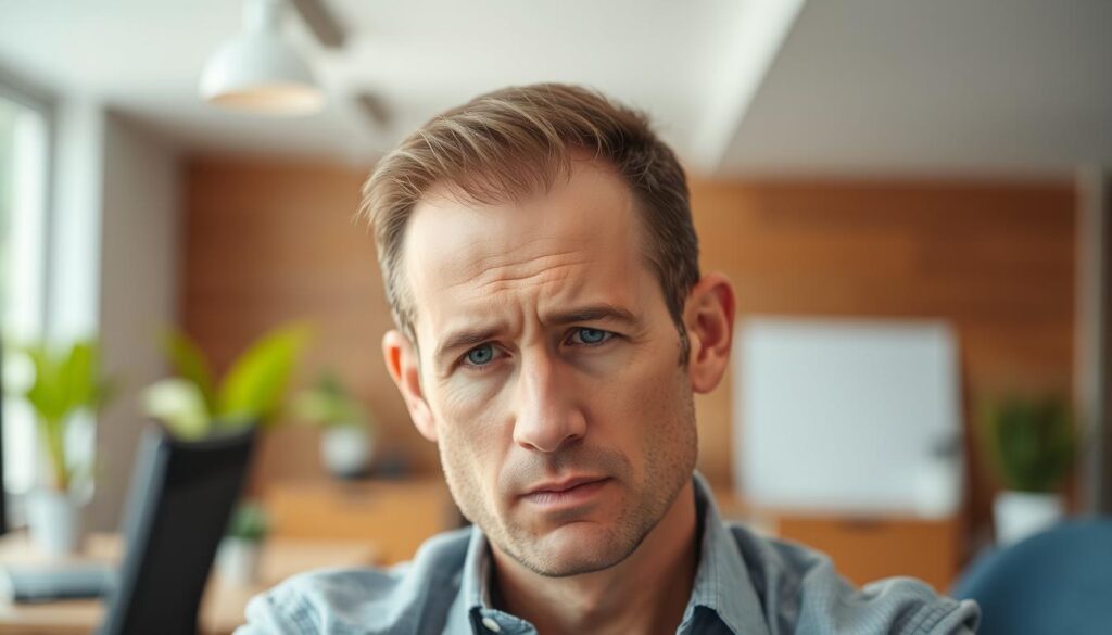 A close-up of a man with thinning hair on the crown of his head, showcasing the early signs of hair loss. His expression is thoughtful, reflecting a sense of concern about his appearance. He wears a smart, casual outfit, such as a collared shirt, and is seated in a well-lit, modern office environment. Soft, natural light streams in through a nearby window, creating a warm, inviting atmosphere. The background features blurred office elements like a desk and potted plants, emphasizing the subject in focus. Capture the image from a slightly elevated angle, ensuring the details of both the hair loss and the setting are clear without any distractions. A close-up of a man with thinning hair on the crown of his head, showcasing the early signs of hair loss. His expression is thoughtful, reflecting a sense of concern about his appearance. He wears a smart, casual outfit, such as a collared shirt, and is seated in a well-lit, modern office environment. Soft, natural light streams in through a nearby window, creating a warm, inviting atmosphere. The background features blurred office elements like a desk and potted plants, emphasizing the subject in focus. Capture the image from a slightly elevated angle, ensuring the details of both the hair loss and the setting are clear without any distractions.