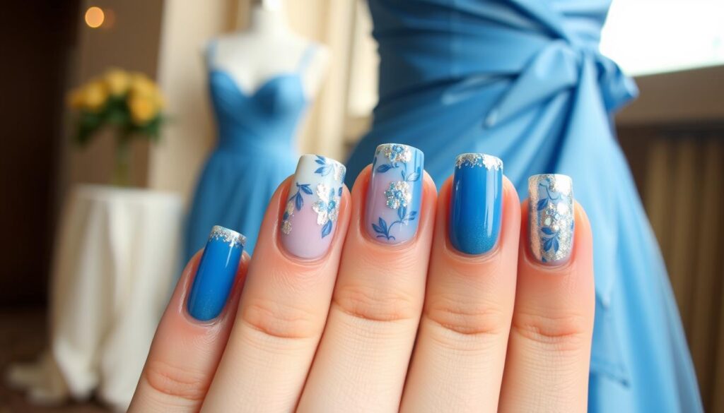 A close-up of elegantly manicured nails adorned with stylish nail art, designed to complement a beautiful blue dress suitable for a wedding. The foreground features vibrant shades of blue, silver, and white in the nail designs, showcasing delicate floral patterns and subtle glitter accents. The middle ground has the dress draped elegantly on a mannequin, its flowing fabric giving a sense of grace and sophistication. The background is softly blurred to highlight the nails and dress, with gentle lighting to create a warm, inviting atmosphere, reminiscent of a celebratory setting. Capture this scene from a slightly elevated angle to emphasize the artistic details of the nails and the elegance of the dress. A close-up of elegantly manicured nails adorned with stylish nail art, designed to complement a beautiful blue dress suitable for a wedding. The foreground features vibrant shades of blue, silver, and white in the nail designs, showcasing delicate floral patterns and subtle glitter accents. The middle ground has the dress draped elegantly on a mannequin, its flowing fabric giving a sense of grace and sophistication. The background is softly blurred to highlight the nails and dress, with gentle lighting to create a warm, inviting atmosphere, reminiscent of a celebratory setting. Capture this scene from a slightly elevated angle to emphasize the artistic details of the nails and the elegance of the dress.