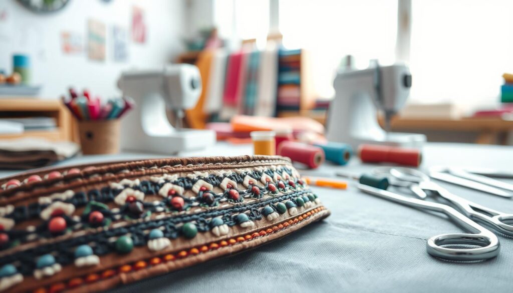 A close-up view of a beautifully crafted decorative belt made using various sewing techniques. In the foreground, focus on intricate stitches and patterns of the belt, showcasing textures such as embroidery, beading, and fabric layering. The middle ground features a sewing workspace with colorful spools of thread, a needle, and scissors, creating a sense of a DIY project in progress. In the background, soft natural light streams in through a window, illuminating the cheerful ambiance of a craft room filled with fabric swatches and sewing supplies. The mood is creative and inviting, emphasizing the art of making decorative belts with skillful detailing and craftsmanship. A close-up view of a beautifully crafted decorative belt made using various sewing techniques. In the foreground, focus on intricate stitches and patterns of the belt, showcasing textures such as embroidery, beading, and fabric layering. The middle ground features a sewing workspace with colorful spools of thread, a needle, and scissors, creating a sense of a DIY project in progress. In the background, soft natural light streams in through a window, illuminating the cheerful ambiance of a craft room filled with fabric swatches and sewing supplies. The mood is creative and inviting, emphasizing the art of making decorative belts with skillful detailing and craftsmanship.