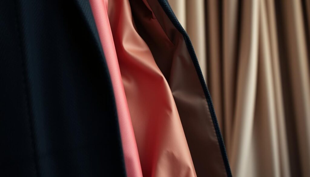 A close-up view of a tailored jacket showcasing various fabrics and textures suited for pairing with a red dress. The foreground features a rich, textured fabric, such as wool or tweed, in deep navy and charcoal colors, with intricate stitching details highlighted. The middle layer presents a selection of different materials, including a smooth silk lining and matte cotton, arranged artistically to display their contrasts. The background should be softly blurred, featuring elegant drapery in neutral tones to enhance the focus on the jacket. Soft, diffused lighting illuminates the fabric, creating a warm, inviting atmosphere that emphasizes the luxury and sophistication of the materials. The angle is a slightly elevated perspective, drawing attention to the jacket's intricate details while maintaining a polished, professional aesthetic. A close-up view of a tailored jacket showcasing various fabrics and textures suited for pairing with a red dress. The foreground features a rich, textured fabric, such as wool or tweed, in deep navy and charcoal colors, with intricate stitching details highlighted. The middle layer presents a selection of different materials, including a smooth silk lining and matte cotton, arranged artistically to display their contrasts. The background should be softly blurred, featuring elegant drapery in neutral tones to enhance the focus on the jacket. Soft, diffused lighting illuminates the fabric, creating a warm, inviting atmosphere that emphasizes the luxury and sophistication of the materials. The angle is a slightly elevated perspective, drawing attention to the jacket's intricate details while maintaining a polished, professional aesthetic.