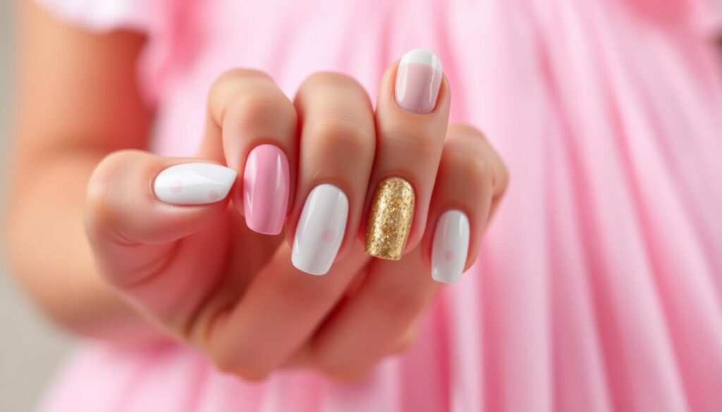 A close-up view of beautifully manicured nails displayed elegantly against a soft, pastel background, highlighting a selection of nail designs that complement a pink dress. The nails feature a blend of bright and subtle colors, including soft pinks, whites, and accents of gold or glitter, showcasing both simple elegance and bold artistry. The lighting is soft and diffused, creating a warm and inviting atmosphere that emphasizes the luminous finish of the nail polish. The angle of the shot captures the nails from slightly above, with a blurred hint of a pink dress in the background, enhancing the theme without distraction. The overall mood is stylish and chic, ideal for showcasing trendy nail options for a pink ensemble.