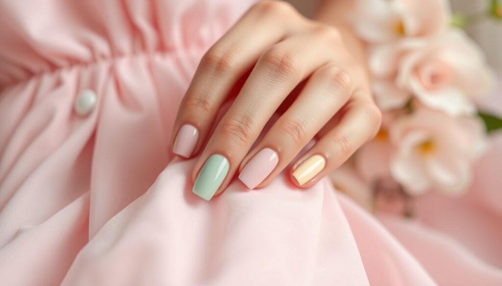 A close-up view of elegantly manicured nails showcasing pastel colors. The nails are painted in soft hues like baby pink, lavender, mint green, and pale yellow. The foreground focuses on the hand delicately holding a light pink dress, enhancing the elegant contrast. Soft, diffused lighting creates a warm and inviting atmosphere, highlighting the shine of the nail polish. The background features a gentle blur of a pastel-themed setting, possibly a soft fabric or flowers to complement the manicure. The composition is balanced, with the focus on the nails and the dress, evoking feelings of sophistication and freshness. The image captures the essence of delicate and pastel shades, perfect for a refined look.