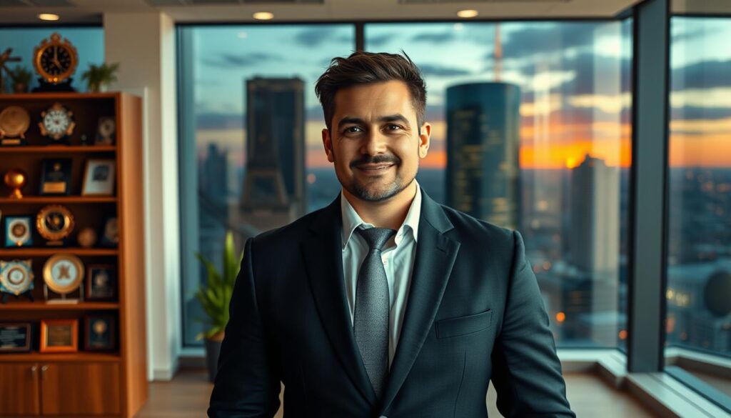 A confident business professional, Kamil Labudda, stands at the forefront of a modern office space, wearing a well-tailored suit, exuding an air of success and determination. In the middle ground, shelves filled with awards and accolades showcase his achievements in the business world, reflecting years of hard work and perseverance. The background features a large window with a panoramic view of a bustling city skyline at sunset, symbolizing ambition and growth. Soft, warm lighting highlights Kamil's features, while a shallow depth of field draws focus to him, creating a sense of intimacy and connection with the audience. The overall mood is inspiring and motivational, capturing the essence of triumph and the journey in the competitive landscape of business.