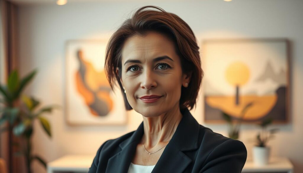 A confident individual with a pronounced forehead stands in a softly lit professional setting. The subject, a middle-aged woman, is wearing a tailored blazer and has her hair neatly styled to embrace her features. The foreground focuses on her serene expression, conveying acceptance and self-assuredness. In the middle ground, a tasteful indoor office environment with plants and abstract art background emphasizes a calm atmosphere. The lighting is warm and inviting, creating a glow around the subject, suggesting positivity and empowerment. A gentle depth of field blurs the edges, drawing attention to her face. The overall mood reflects confidence and pride in embracing personal characteristics, illustrating a message of acceptance and self-love. A confident individual with a pronounced forehead stands in a softly lit professional setting. The subject, a middle-aged woman, is wearing a tailored blazer and has her hair neatly styled to embrace her features. The foreground focuses on her serene expression, conveying acceptance and self-assuredness. In the middle ground, a tasteful indoor office environment with plants and abstract art background emphasizes a calm atmosphere. The lighting is warm and inviting, creating a glow around the subject, suggesting positivity and empowerment. A gentle depth of field blurs the edges, drawing attention to her face. The overall mood reflects confidence and pride in embracing personal characteristics, illustrating a message of acceptance and self-love.
