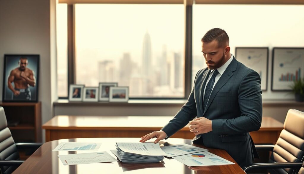 A contemplative Mariusz Pudzianowski, dressed in a tailored business suit, stands in the foreground, thoughtfully analyzing financial documents spread across a polished conference table. In the middle ground, a modern office environment showcases a large window revealing a city skyline, symbolizing growth and opportunity. The background features framed pictures of his achievements in sports and MMA, juxtaposed with charts of financial trends and graphs. Soft, natural lighting filters through the window, casting a warm glow on the scene, emphasizing the seriousness of wealth management challenges. The mood is professional yet reflective, capturing the essence of Mariusz's journey through sports and business as he navigates the complexities of financial challenges. A contemplative Mariusz Pudzianowski, dressed in a tailored business suit, stands in the foreground, thoughtfully analyzing financial documents spread across a polished conference table. In the middle ground, a modern office environment showcases a large window revealing a city skyline, symbolizing growth and opportunity. The background features framed pictures of his achievements in sports and MMA, juxtaposed with charts of financial trends and graphs. Soft, natural lighting filters through the window, casting a warm glow on the scene, emphasizing the seriousness of wealth management challenges. The mood is professional yet reflective, capturing the essence of Mariusz's journey through sports and business as he navigates the complexities of financial challenges.
