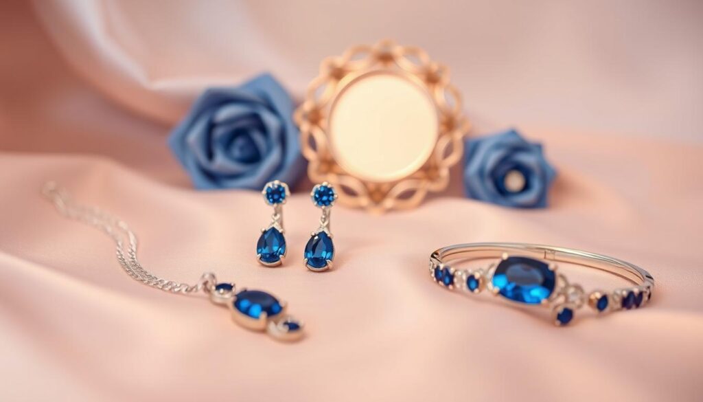 A delicate arrangement of elegant jewelry pieces suitable for a blue wedding dress, featuring a stunning sapphire necklace, matching earrings, and a chic bracelet, all displayed on a soft satin cloth. In the foreground, the jewelry gleams under soft, diffused lighting that highlights their craftsmanship and reflects their vibrant colors. In the middle ground, a small decorative mirror is included to add depth and help showcase the sparkle of the jewelry. The background fades into a dreamy, muted pastel color to maintain focus on the accessories, creating a romantic and sophisticated atmosphere perfect for a wedding setting. The overall mood is elegant and refined, inviting readers to explore the perfect accessories for their special occasion attire.
