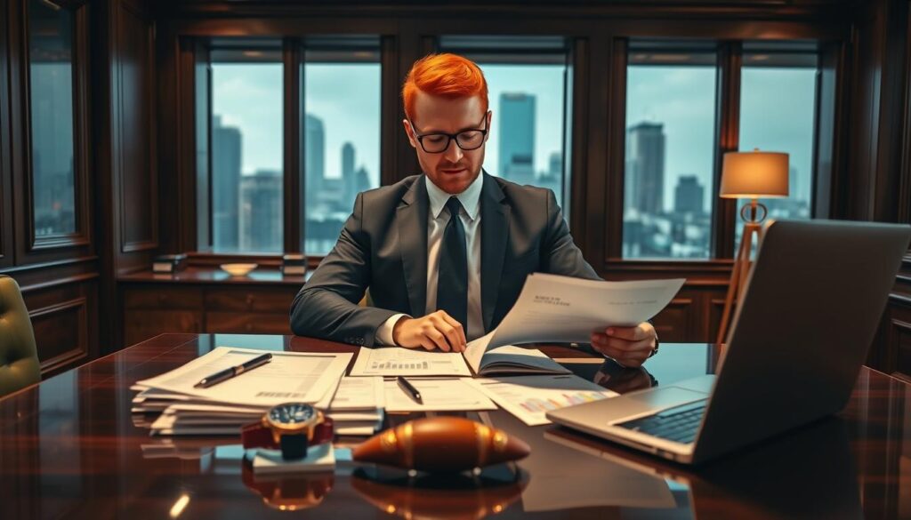 A distinguished business setting featuring an elegant office space with dark wood paneling and modern décor. In the foreground, a polished desk is adorned with financial reports, luxury items like a designer watch, and a sleek laptop, suggesting high wealth. The middle ground showcases a charismatic gentleman in professional attire, symbolizing Michał Wiśniewski, engaged in reviewing documents with a focused expression. He has bright red hair and wears glasses, embodying confidence and sophistication. In the background, large windows reveal a bustling cityscape, symbolizing success and the fast-paced life of a public figure. The lighting is warm and inviting, with soft shadows creating a luxurious atmosphere. The overall mood conveys determination and affluence, reflecting the concept of wealth and financial status without any text or distractions. A distinguished business setting featuring an elegant office space with dark wood paneling and modern décor. In the foreground, a polished desk is adorned with financial reports, luxury items like a designer watch, and a sleek laptop, suggesting high wealth. The middle ground showcases a charismatic gentleman in professional attire, symbolizing Michał Wiśniewski, engaged in reviewing documents with a focused expression. He has bright red hair and wears glasses, embodying confidence and sophistication. In the background, large windows reveal a bustling cityscape, symbolizing success and the fast-paced life of a public figure. The lighting is warm and inviting, with soft shadows creating a luxurious atmosphere. The overall mood conveys determination and affluence, reflecting the concept of wealth and financial status without any text or distractions.