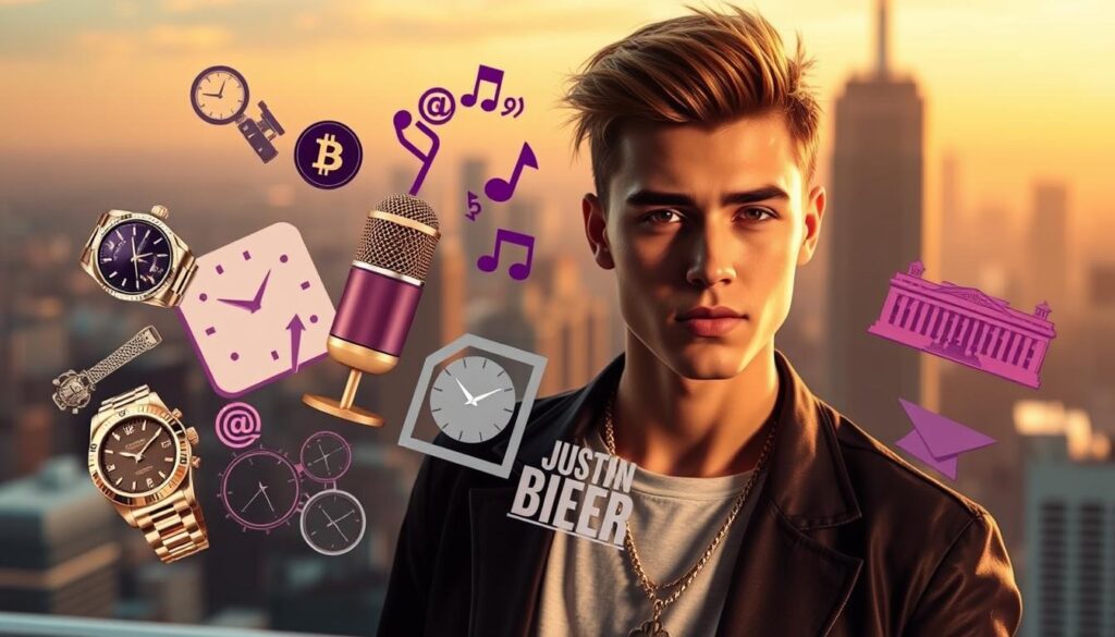 A dynamic and engaging image illustrating "Justin Bieber's earnings and major projects." In the foreground, a stylish young man resembling a pop star, dressed in smart casual attire, looks confidently towards the viewer, surrounded by luxury accessories like watches and designer items symbolizing wealth. In the middle ground, there are symbols of his music career, such as a microphone and music notes, intertwined with graphics representing various investments, like tech startups and luxury real estate. The background features a softly lit urban skyline, creating an atmosphere of success and ambition. Warm lighting enhances the scene, imparting a vibrant yet professional mood, perfect for capturing Justin Bieber's multifaceted lifestyle. A dynamic and engaging image illustrating "Justin Bieber's earnings and major projects." In the foreground, a stylish young man resembling a pop star, dressed in smart casual attire, looks confidently towards the viewer, surrounded by luxury accessories like watches and designer items symbolizing wealth. In the middle ground, there are symbols of his music career, such as a microphone and music notes, intertwined with graphics representing various investments, like tech startups and luxury real estate. The background features a softly lit urban skyline, creating an atmosphere of success and ambition. Warm lighting enhances the scene, imparting a vibrant yet professional mood, perfect for capturing Justin Bieber's multifaceted lifestyle.