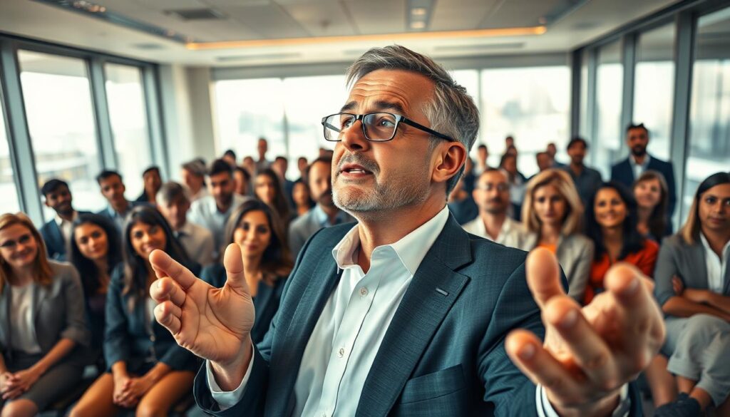 A dynamic and inspiring portrayal of Janusz Palikot at a pivotal moment in his career. In the foreground, depict a charismatic middle-aged man in professional business attire, confidently gesturing as he speaks to an engaged audience. The middle ground features a diverse group of attentive listeners, showcasing a mix of emotions, from enthusiasm to skepticism, reflecting the duality of his successes and challenges. The background reveals a modern conference room with sleek designs, large windows, and natural light flooding in, symbolizing transparency and ambition. The overall mood should convey a sense of hope and determination, with warm lighting enhancing the atmosphere. A low-angle perspective captures the energy of the moment, inviting viewers into the scene. A dynamic and inspiring portrayal of Janusz Palikot at a pivotal moment in his career. In the foreground, depict a charismatic middle-aged man in professional business attire, confidently gesturing as he speaks to an engaged audience. The middle ground features a diverse group of attentive listeners, showcasing a mix of emotions, from enthusiasm to skepticism, reflecting the duality of his successes and challenges. The background reveals a modern conference room with sleek designs, large windows, and natural light flooding in, symbolizing transparency and ambition. The overall mood should convey a sense of hope and determination, with warm lighting enhancing the atmosphere. A low-angle perspective captures the energy of the moment, inviting viewers into the scene.