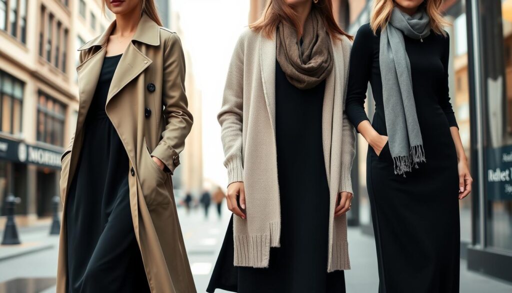 A fashionable black long dress styled for everyday wear, elegantly complemented with outerwear options. Foreground features a sleek, tailored trench coat in a neutral tone, draping beautifully over the dress. In the middle, a soft, lightweight cardigan adds a casual touch, paired with a chic scarf for added warmth. The background is a stylish urban setting, with soft focus on city architecture. Natural lighting creates a warm, inviting atmosphere, highlighting the textures of the fabrics. The composition captures various layering ideas for a black dress, conveying sophistication and versatility. The scene is well-balanced, emphasizing the outfit selection without any distractions, ensuring an elegant visual narrative.