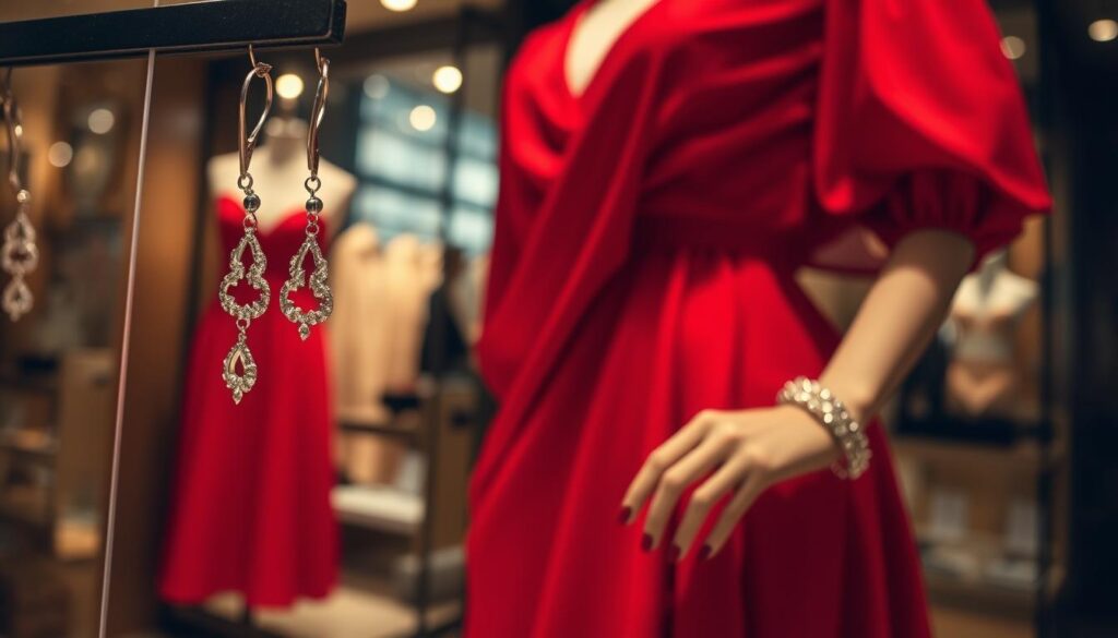 A fashionable display featuring silver jewelry elegantly styled with a vibrant red dress. The foreground showcases a close-up of delicate silver earrings and a matching bracelet, glinting under soft, warm lighting that accentuates their intricate designs. The middle ground captures the flowing red dress, draped gracefully on a mannequin or model, highlighting its silhouette and texture. The background is softly blurred, hinting at an upscale, chic setting like a boutique or a stylish room, enhancing the luxurious feel of the overall composition. The atmosphere is sophisticated yet inviting, with a touch of glamour, perfect for showcasing the subtle beauty of silver against a bold red. The image should have a balanced composition without any text or overlays, ensuring focus on the jewelry and dress.