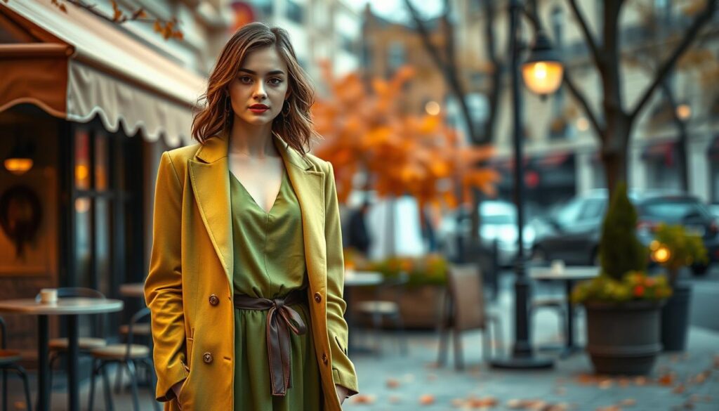 A fashionable setting featuring a stylish casual outfit for an autumn day, focusing on a female model dressed in a chic green dress, paired with a tailored format blazer that complements the dress. The model stands in the foreground, showcasing the layers of the outfit in vibrant colors, with warm, soft lighting that enhances the textures of the fabrics. In the middle ground, display an elegant outdoor café scene with autumn leaves, hinting at cooler weather. The background includes softly blurred elements of a city street, suggesting an urban environment. The mood is cozy and sophisticated, ideal for chilly days, reflecting modern fashion trends. A fashionable setting featuring a stylish casual outfit for an autumn day, focusing on a female model dressed in a chic green dress, paired with a tailored format blazer that complements the dress. The model stands in the foreground, showcasing the layers of the outfit in vibrant colors, with warm, soft lighting that enhances the textures of the fabrics. In the middle ground, display an elegant outdoor café scene with autumn leaves, hinting at cooler weather. The background includes softly blurred elements of a city street, suggesting an urban environment. The mood is cozy and sophisticated, ideal for chilly days, reflecting modern fashion trends.