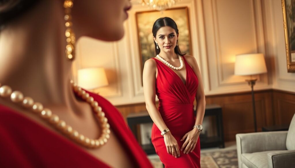 A fashionable woman elegantly wearing a stunning red dress. She stands in a softly lit room showcasing a combination of gold jewelry, silver accessories, and classic pearls, which complement her outfit beautifully. The foreground features close-up details of the jewelry: delicate gold earrings, a silver bracelet, and a pearl necklace. In the middle, the woman poses with a graceful stance, her facial expression conveying confidence. The background is softly blurred, hinting at an upscale interior with warm, inviting colors that enhance the overall ambiance. The lighting is warm and flattering, creating a luxurious and sophisticated atmosphere, perfect for illustrating style choices with a red dress.