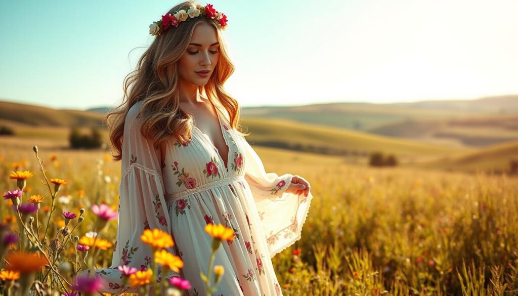 A fashionable woman wearing a flowing boho dress with floral patterns, paired with stylish cowboy boots, stands in a lush, sunlit field. Her hair is styled in soft waves, adorned with a delicate flower crown. In the foreground, vibrant wildflowers add color and texture to the scene. In the middle ground, the focus shifts to her dress, showcasing layers of sheer fabric that drape gracefully around her silhouette, accentuating the bohemian style. The background features a picturesque landscape with rolling hills and a bright blue sky, suggesting a warm, late afternoon. The lighting creates a soft, dreamy ambiance, enhancing the overall relaxed and carefree mood of the image, ideal for illustrating the boho style combined with cowboy boots. A fashionable woman wearing a flowing boho dress with floral patterns, paired with stylish cowboy boots, stands in a lush, sunlit field. Her hair is styled in soft waves, adorned with a delicate flower crown. In the foreground, vibrant wildflowers add color and texture to the scene. In the middle ground, the focus shifts to her dress, showcasing layers of sheer fabric that drape gracefully around her silhouette, accentuating the bohemian style. The background features a picturesque landscape with rolling hills and a bright blue sky, suggesting a warm, late afternoon. The lighting creates a soft, dreamy ambiance, enhancing the overall relaxed and carefree mood of the image, ideal for illustrating the boho style combined with cowboy boots.