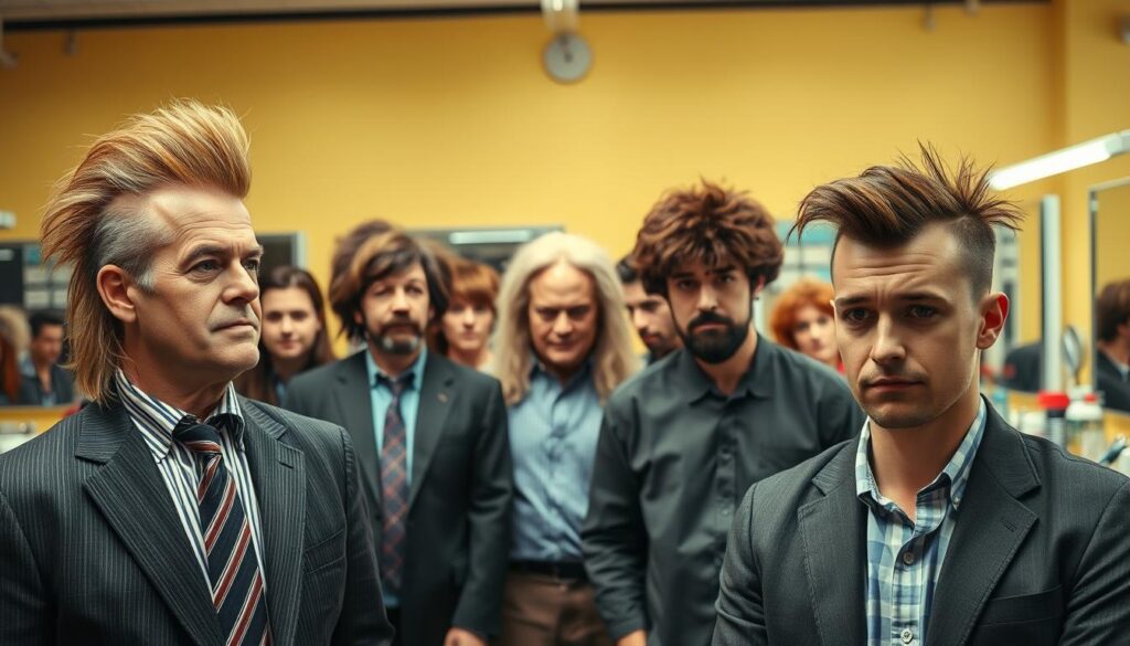 A humorous and exaggerated portrayal of unflattering hairstyles for balding men, featuring various characters with awkward haircuts. In the foreground, a middle-aged man in a business casual outfit has a ridiculous mullet, while a younger man sports a poorly styled comb-over with stark, unnatural colors. In the middle, there are characters with bizarre wigs and hairstyles that emphasize the balding crown, surrounded by an assortment of odd hair accessories. The background shows a bright, cheerful salon setting with mirrors and styling tools, creating a comedic contrast to the hairstyles. Soft, even lighting enhances the playful atmosphere, captured from slightly above eye level to highlight the hairstyles effectively. A humorous and exaggerated portrayal of unflattering hairstyles for balding men, featuring various characters with awkward haircuts. In the foreground, a middle-aged man in a business casual outfit has a ridiculous mullet, while a younger man sports a poorly styled comb-over with stark, unnatural colors. In the middle, there are characters with bizarre wigs and hairstyles that emphasize the balding crown, surrounded by an assortment of odd hair accessories. The background shows a bright, cheerful salon setting with mirrors and styling tools, creating a comedic contrast to the hairstyles. Soft, even lighting enhances the playful atmosphere, captured from slightly above eye level to highlight the hairstyles effectively.