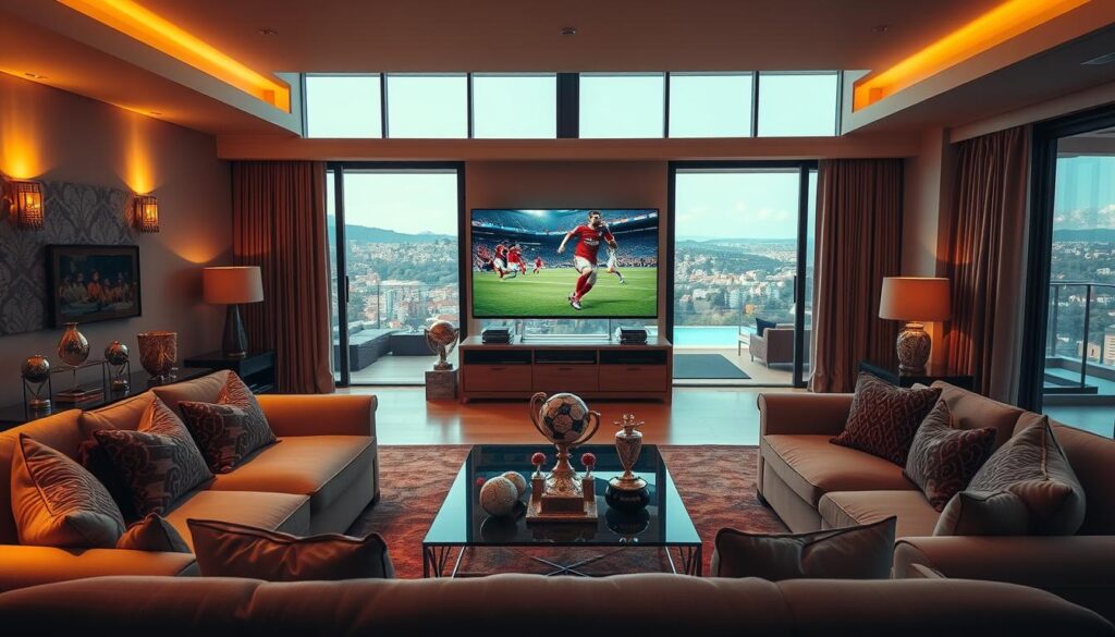 A luxurious living space reflecting the opulent lifestyle of Lionel Messi. In the foreground, an elegant living room with plush furnishings, featuring a designer sofa and a coffee table adorned with sports memorabilia and trophies. The middle layer showcases a large flat-screen TV displaying a football match, framed by windows letting in warm, natural light. In the background, an expansive view of a balcony overlooking a scenic cityscape, with lush greenery and a swimming pool. Soft ambient lighting enhances the cozy atmosphere, creating a blend of comfort and elegance. Overall, the mood is one of success and relaxation, representing a champion's refined taste in his private sanctuary.