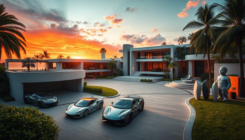 A luxurious real estate setting representing Kanye West's investments, featuring a stunning modern mansion with sleek architectural lines in the foreground, surrounded by lush greenery and an elegant outdoor space. In the middle ground, showcase luxury cars parked in the driveway and contemporary sculptures dotting the landscape, symbolizing wealth and artistic flair. In the background, a vibrant sunset casts warm light across the scene, creating a rich, inviting atmosphere. The image should evoke sophistication and ambition, with a touch of creative energy. Capture the scene with a wide-angle lens to emphasize the grandeur of the property, while ensuring the lighting highlights the luxurious details. The final composition should radiate wealth and style, reflecting Kanye West's business acumen.