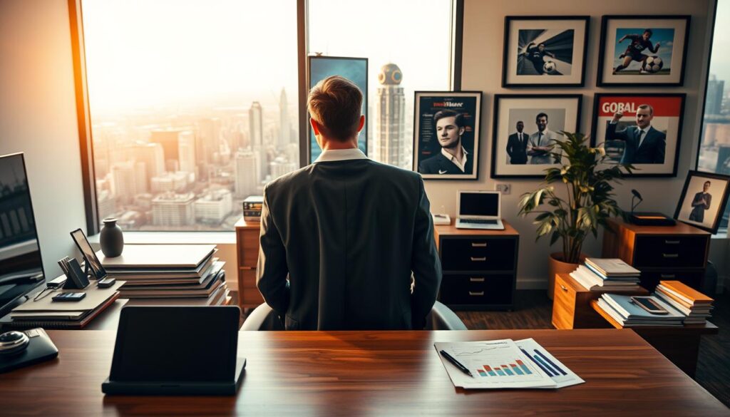 A modern and stylish office space filled with symbols of investment and finance. In the foreground, a sleek, wooden desk cluttered with high-end gadgets like a tablet and financial reports. In the middle ground, a large window overlooking a vibrant city skyline, suggesting prosperity. On the wall, framed images of iconic football moments and global brands associated with David Beckham, adding a personal touch. Soft, ambient lighting casts a warm glow throughout the room, creating a professional and inviting atmosphere. A subtle interaction of light and shadow enhances the textures of the space, with a focus on a crisp suit jacket draped over a chair, hinting at Beckhams's business acumen. The overall mood is one of ambition and success, reflecting Beckham's investments in various ventures. A modern and stylish office space filled with symbols of investment and finance. In the foreground, a sleek, wooden desk cluttered with high-end gadgets like a tablet and financial reports. In the middle ground, a large window overlooking a vibrant city skyline, suggesting prosperity. On the wall, framed images of iconic football moments and global brands associated with David Beckham, adding a personal touch. Soft, ambient lighting casts a warm glow throughout the room, creating a professional and inviting atmosphere. A subtle interaction of light and shadow enhances the textures of the space, with a focus on a crisp suit jacket draped over a chair, hinting at Beckhams's business acumen. The overall mood is one of ambition and success, reflecting Beckham's investments in various ventures.