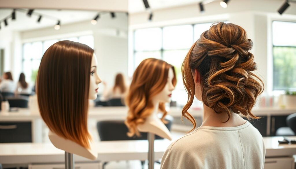 A modern hairstyle showcase featuring a woman with semi-long hair styled elegantly. In the foreground, three different hairstyles for semi-long hair are presented on mannequin heads: a sleek, straight look, a soft wave, and an updo with loose tendrils. The middle ground showcases a well-lit salon environment with professional hair tools and products neatly arranged on a counter. In the background, large mirrors reflect a bright, welcoming space with soft natural light streaming in through large windows. The atmosphere is chic and energetic, perfect for inspiring hairstyle creativity. The composition uses a shallow depth of field to maintain focus on the hairstyles while gently blurring the background, creating a polished and inviting feel.