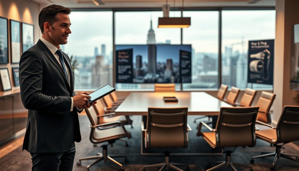 A modern office environment featuring a stylish corporate setting that represents Krzysztof Rutkowski's businesses. In the foreground, a well-dressed businessman in a tailored suit stands confidently, holding a tablet, symbolizing innovation and entrepreneurship. The middle ground showcases a sleek conference table surrounded by chairs, with a city skyline visible through large windows, indicating success and urban industry. The background is filled with framed awards and motivational business posters that enhance the atmosphere of ambition and professionalism. Soft, diffused lighting casts a warm glow throughout the room, creating an inviting yet powerful mood. Use a wide-angle lens to emphasize the spaciousness of the office, capturing a sense of scale and achievement.