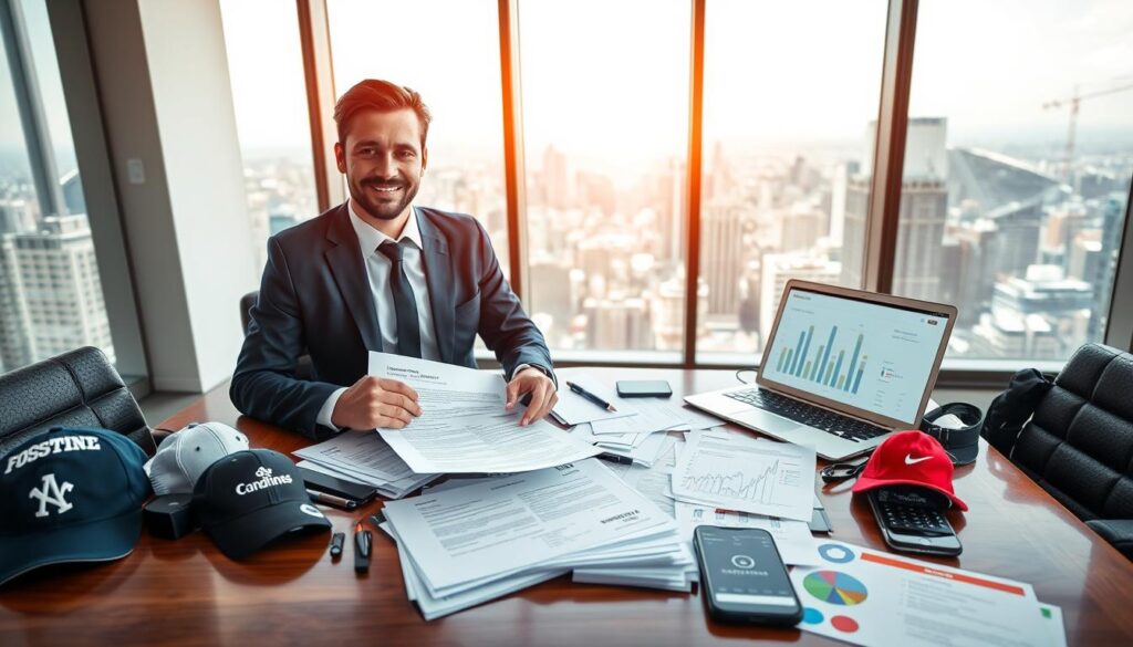 A modern office setting featuring a polished wooden desk, strewn with various documents related to sponsorship contracts and financial agreements. In the foreground, a confident business professional in a tailored suit reviews a contract, surrounded by branded merchandise from multiple companies. In the middle, a large window showcases a view of a bustling cityscape, providing a vibrant skyline backdrop. Soft natural light filters through the glass, creating a dynamic ambiance. Subtle details include a laptop displaying financial graphs and a smartphone displaying notifications of sponsorship deals. The image conveys a sense of professionalism, collaboration, and financial success, capturing the essence of sponsorship agreements without any text or symbols.