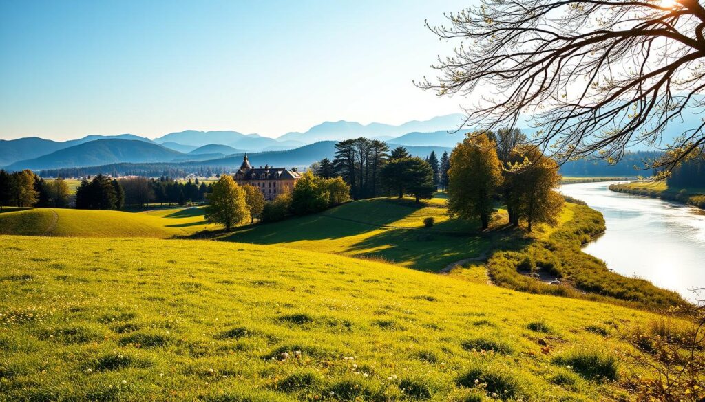 A picturesque landscape depicting the geographical location of Majątek Giże Marczak. In the foreground, gently rolling hills covered with lush greenery, dotted with wildflowers. To the right, a serene river meanders through the scene, reflecting the clear blue sky. In the middle ground, a charming historic estate is nestled among towering trees, showcasing classic architecture with a warm, inviting facade. The background features distant mountains under soft, golden sunlight, creating a tranquil atmosphere. The overall mood is peaceful and idyllic, suitable for a serene countryside setting. Shot with a wide-angle lens to capture the expansive landscape, with warm lighting that enhances the natural beauty of the scene. A picturesque landscape depicting the geographical location of Majątek Giże Marczak. In the foreground, gently rolling hills covered with lush greenery, dotted with wildflowers. To the right, a serene river meanders through the scene, reflecting the clear blue sky. In the middle ground, a charming historic estate is nestled among towering trees, showcasing classic architecture with a warm, inviting facade. The background features distant mountains under soft, golden sunlight, creating a tranquil atmosphere. The overall mood is peaceful and idyllic, suitable for a serene countryside setting. Shot with a wide-angle lens to capture the expansive landscape, with warm lighting that enhances the natural beauty of the scene.