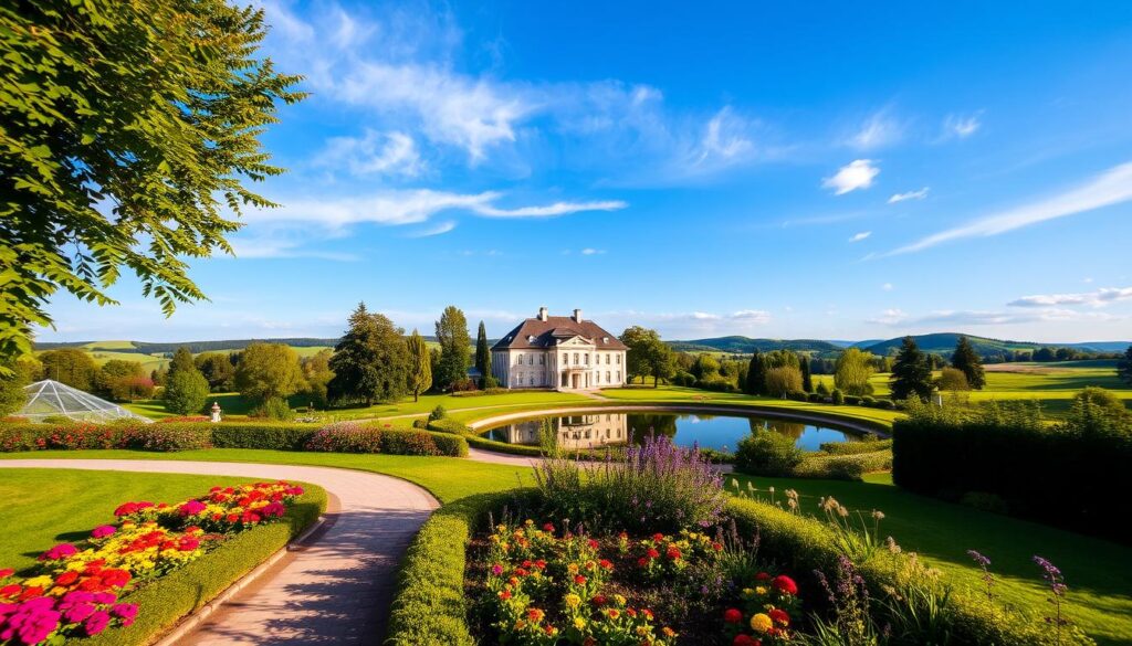 A picturesque landscape of Majątek Kryjany showcasing its attractions and amenities. In the foreground, a beautifully manicured garden featuring vibrant flowers and lush greenery, with a serene path leading to the main building. In the middle ground, a charming, elegant mansion with classic architecture, surrounded by trees and a peaceful pond reflecting the sky. In the background, rolling hills under a clear blue sky, accented by soft clouds. The setting is bathed in warm, golden sunlight, creating a welcoming and inviting atmosphere. Capture the scene with a wide-angle lens to emphasize the expansive beauty of the estate, evoking a sense of tranquility and harmony with nature. A picturesque landscape of Majątek Kryjany showcasing its attractions and amenities. In the foreground, a beautifully manicured garden featuring vibrant flowers and lush greenery, with a serene path leading to the main building. In the middle ground, a charming, elegant mansion with classic architecture, surrounded by trees and a peaceful pond reflecting the sky. In the background, rolling hills under a clear blue sky, accented by soft clouds. The setting is bathed in warm, golden sunlight, creating a welcoming and inviting atmosphere. Capture the scene with a wide-angle lens to emphasize the expansive beauty of the estate, evoking a sense of tranquility and harmony with nature.