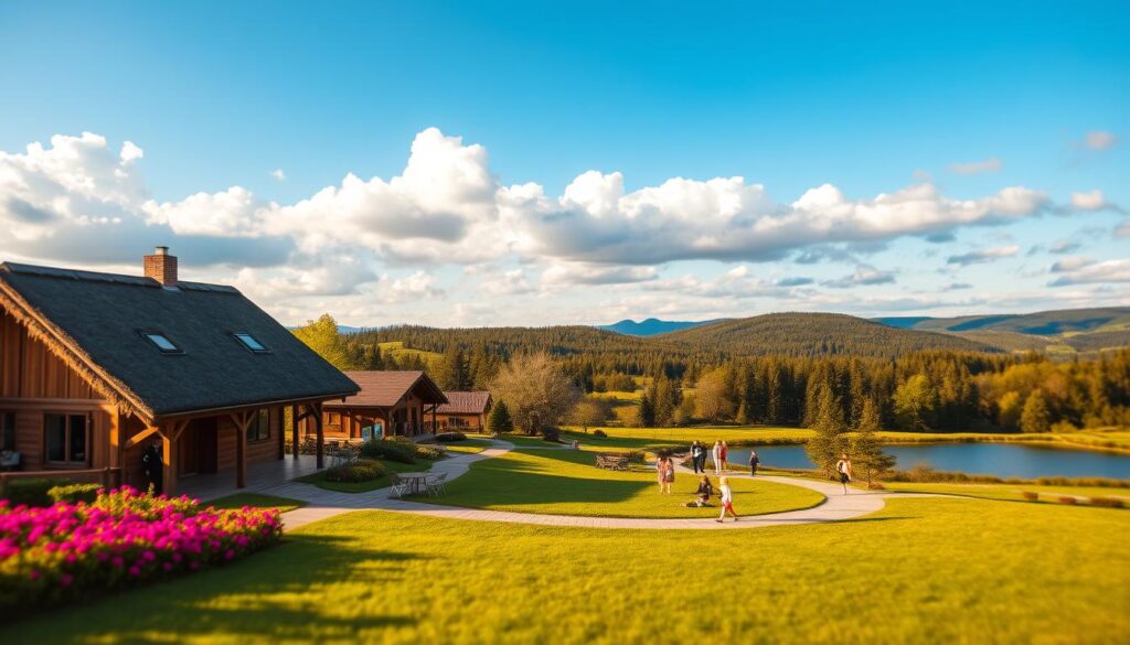 A picturesque view of Majątek Kryjany, showcasing its stunning landscape and attractions. In the foreground, a charming rustic lodge with a thatched roof, surrounded by vibrant flowers and lush greenery. In the middle ground, visitors strolling along well-kept paths, enjoying a picnic or engaging with friendly staff in professional attire. A small picturesque lake reflects the clear blue sky and fluffy clouds, while children play nearby. In the background, rolling hills with dense forests, hinting at hiking trails. Warm, golden sunlight bathes the scene, creating a welcoming and tranquil atmosphere, with a slightly blurred depth of field to draw focus on the lodge and visitors. Capture the serenity and allure, evoking a sense of escape and relaxation. A picturesque view of Majątek Kryjany, showcasing its stunning landscape and attractions. In the foreground, a charming rustic lodge with a thatched roof, surrounded by vibrant flowers and lush greenery. In the middle ground, visitors strolling along well-kept paths, enjoying a picnic or engaging with friendly staff in professional attire. A small picturesque lake reflects the clear blue sky and fluffy clouds, while children play nearby. In the background, rolling hills with dense forests, hinting at hiking trails. Warm, golden sunlight bathes the scene, creating a welcoming and tranquil atmosphere, with a slightly blurred depth of field to draw focus on the lodge and visitors. Capture the serenity and allure, evoking a sense of escape and relaxation.