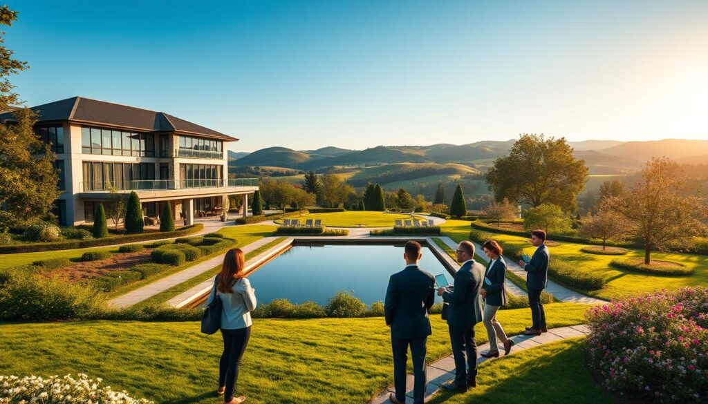 A picturesque view of the Giże Marczak estate, featuring a modern, elegant building surrounded by lush greenery and well-kept gardens. In the foreground, include a diverse group of professionals in smart business attire discussing investment strategies, using laptops and documents. The middle ground showcases a serene pond reflecting the estate, with pathways lined by blossoming flowers. In the background, gentle rolling hills under a clear blue sky complete the scene, with soft, warm sunlight casting a golden hue over the landscape. The atmosphere should feel optimistic and thriving, capturing the essence of investment opportunities in this beautiful location. A picturesque view of the Giże Marczak estate, featuring a modern, elegant building surrounded by lush greenery and well-kept gardens. In the foreground, include a diverse group of professionals in smart business attire discussing investment strategies, using laptops and documents. The middle ground showcases a serene pond reflecting the estate, with pathways lined by blossoming flowers. In the background, gentle rolling hills under a clear blue sky complete the scene, with soft, warm sunlight casting a golden hue over the landscape. The atmosphere should feel optimistic and thriving, capturing the essence of investment opportunities in this beautiful location.