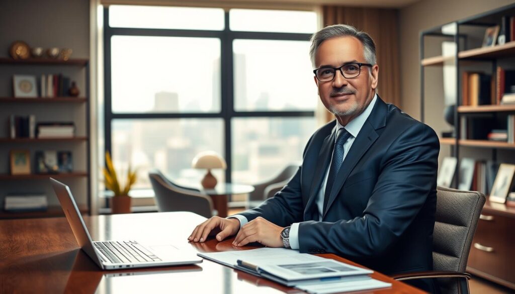 A portrait of Marek Salla, portrayed as a middle-aged man with a confident expression, dressed in a smart business suit, sitting at a sleek modern desk in a stylish office. The foreground features a polished wooden desk with a laptop and business documents, while in the middle ground, shelves filled with awards and books indicate his successful career. The background reveals a large window with a city skyline view, bathed in warm daylight, casting a soft glow throughout the room. The atmosphere is professional yet inviting, conveying a sense of achievement and ambition, capturing the essence of Marek Salla's life and accomplishments. The image should have a clear focus with a soft bokeh effect in the background.