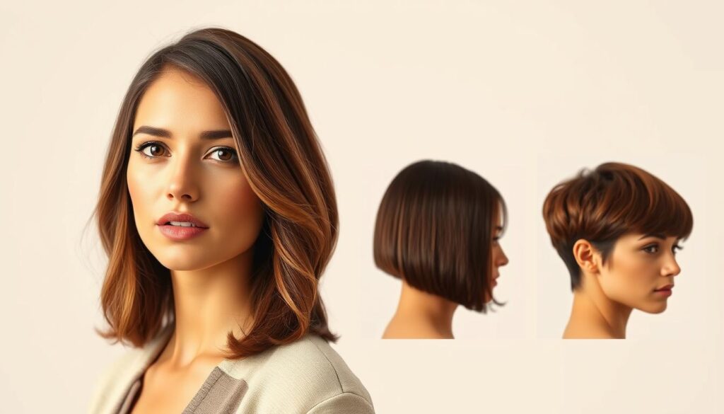 A portrait of a woman with an elongated face, showcasing different hairstyles suited for her features. The foreground highlights three distinct hairstyles: a long, layered cut, a medium bob, and a short pixie, expertly styled to complement her face shape. Each hairstyle frames her face in a flattering manner. The middle ground includes a light, neutral backdrop that emphasizes the hairstyles without distraction. Soft, diffused lighting creates a warm atmosphere, highlighting the hair textures and colors, while a gentle focus on the subject brings her features into prominence. The mood is elegant and professional, ideal for a style guide presentation. The woman is dressed in a modest casual outfit suitable for a fashion article. A portrait of a woman with an elongated face, showcasing different hairstyles suited for her features. The foreground highlights three distinct hairstyles: a long, layered cut, a medium bob, and a short pixie, expertly styled to complement her face shape. Each hairstyle frames her face in a flattering manner. The middle ground includes a light, neutral backdrop that emphasizes the hairstyles without distraction. Soft, diffused lighting creates a warm atmosphere, highlighting the hair textures and colors, while a gentle focus on the subject brings her features into prominence. The mood is elegant and professional, ideal for a style guide presentation. The woman is dressed in a modest casual outfit suitable for a fashion article.