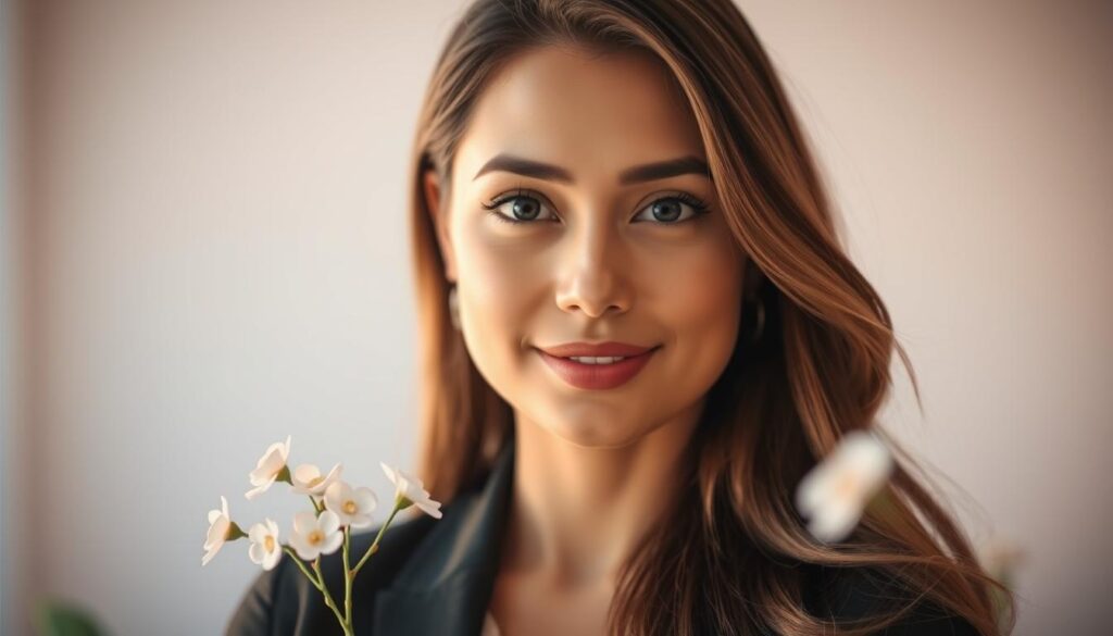 A portrait of a woman with an oval face, showcasing her harmonious features. The woman should have a gentle and inviting expression, with long, flowing hair styled elegantly, framing her face beautifully. She is wearing a modern, professional outfit that enhances her sophisticated look. The foreground features a soft, blurred gradient to highlight her face. In the middle ground, there are delicate flowers in pastel colors that add a touch of femininity without distracting from the subject. The background is a serene, softly lit environment with light pastel shades, creating an ethereal atmosphere. The lighting is warm and diffused, giving a natural glow to her skin. The angle is slightly from above, capturing her face in an engaging and flattering perspective. A portrait of a woman with an oval face, showcasing her harmonious features. The woman should have a gentle and inviting expression, with long, flowing hair styled elegantly, framing her face beautifully. She is wearing a modern, professional outfit that enhances her sophisticated look. The foreground features a soft, blurred gradient to highlight her face. In the middle ground, there are delicate flowers in pastel colors that add a touch of femininity without distracting from the subject. The background is a serene, softly lit environment with light pastel shades, creating an ethereal atmosphere. The lighting is warm and diffused, giving a natural glow to her skin. The angle is slightly from above, capturing her face in an engaging and flattering perspective.