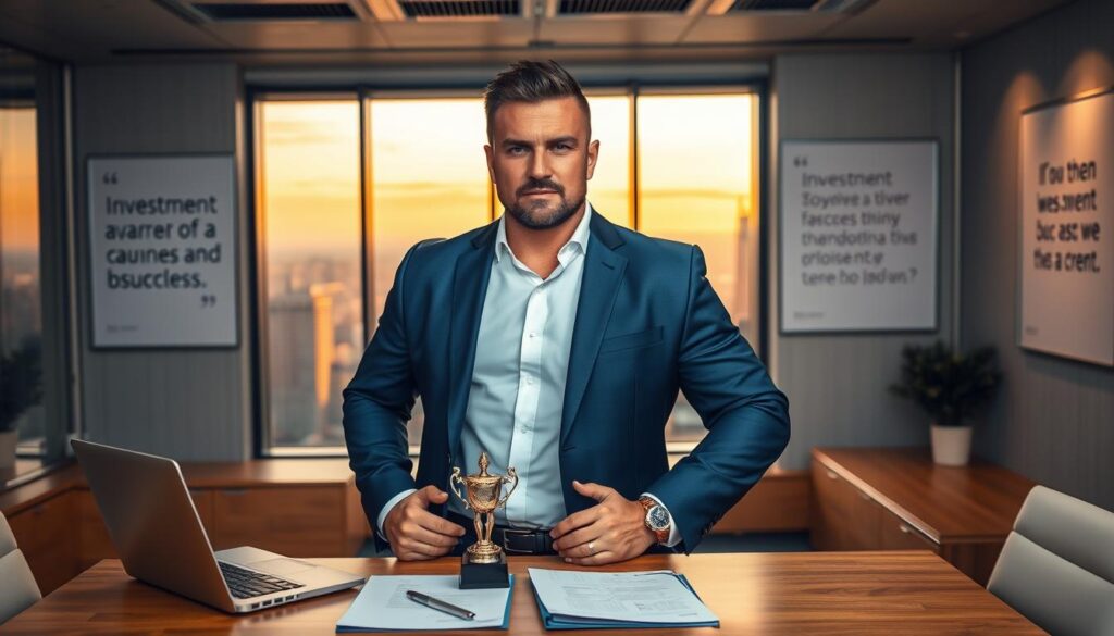 A powerful businessman, Mariusz Pudzianowski, stands confidently in a modern office environment. He wears a tailored navy-blue suit and a crisp white shirt, exuding professionalism and success. In the foreground, a sleek wooden desk holds business documents, a laptop, and a small trophy from his MMA career, symbolizing his journey. In the middle, large windows reveal a panoramic city skyline, bathed in warm evening light, casting a golden glow throughout the office. In the background, motivational posters displaying quotes about investment and success line the walls. The atmosphere is dynamic yet serene, emphasizing innovation and ambition. The composition is shot from a slightly low angle, highlighting Mariusz's stature and determination, with soft focus on the background to draw attention to his focused expression. A powerful businessman, Mariusz Pudzianowski, stands confidently in a modern office environment. He wears a tailored navy-blue suit and a crisp white shirt, exuding professionalism and success. In the foreground, a sleek wooden desk holds business documents, a laptop, and a small trophy from his MMA career, symbolizing his journey. In the middle, large windows reveal a panoramic city skyline, bathed in warm evening light, casting a golden glow throughout the office. In the background, motivational posters displaying quotes about investment and success line the walls. The atmosphere is dynamic yet serene, emphasizing innovation and ambition. The composition is shot from a slightly low angle, highlighting Mariusz's stature and determination, with soft focus on the background to draw attention to his focused expression.