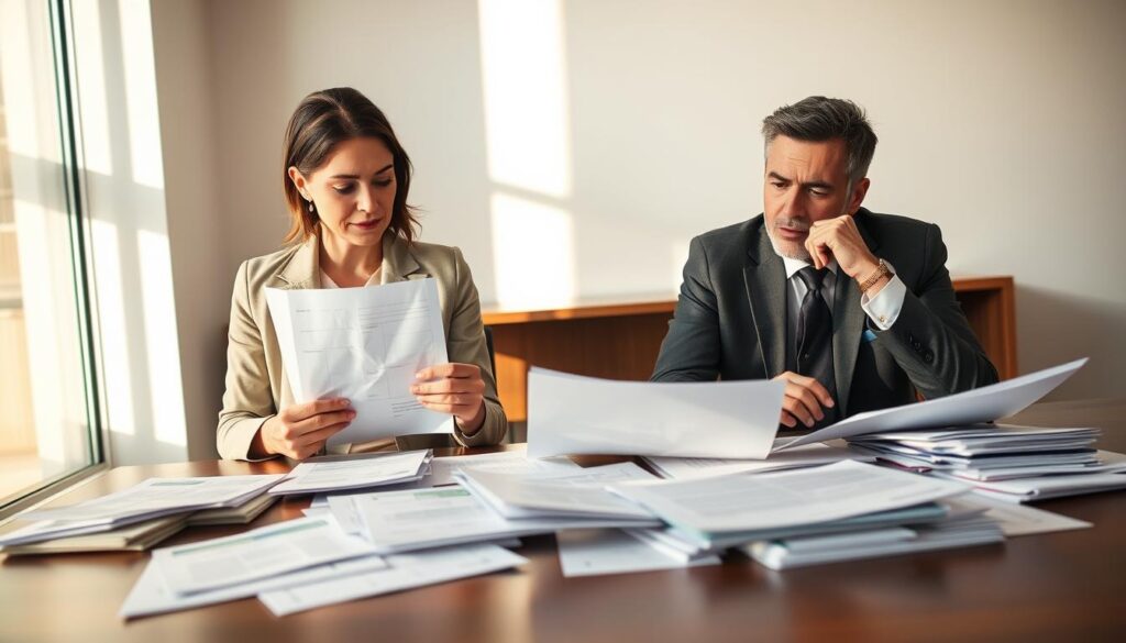 A professional couple sitting at a table in a bright, modern office, engaged in a serious discussion about asset division during a divorce. The woman, dressed in a smart blazer and blouse, holds a legal document, while the man, in a tailored suit, reviews paperwork with a concerned expression. Papers and financial documents clutter the table, symbolizing the complexity of donation settlements. In the background, a large window lets in warm, natural light, casting soft shadows on the walls. The atmosphere is tense yet focused, capturing the emotional weight of the situation. The camera angle is slightly above the table, providing a clear view of their hands and documents, emphasizing the theme of financial negotiation and partnership dissolution. A professional couple sitting at a table in a bright, modern office, engaged in a serious discussion about asset division during a divorce. The woman, dressed in a smart blazer and blouse, holds a legal document, while the man, in a tailored suit, reviews paperwork with a concerned expression. Papers and financial documents clutter the table, symbolizing the complexity of donation settlements. In the background, a large window lets in warm, natural light, casting soft shadows on the walls. The atmosphere is tense yet focused, capturing the emotional weight of the situation. The camera angle is slightly above the table, providing a clear view of their hands and documents, emphasizing the theme of financial negotiation and partnership dissolution.