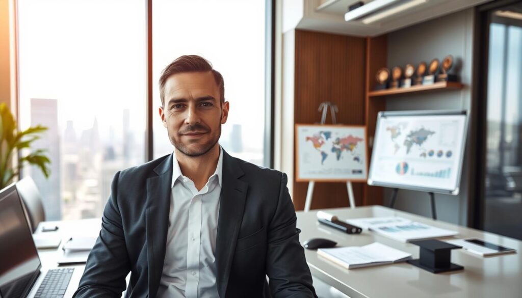 A professional office environment showcasing Marek Salla in the foreground, dressed in a tailored business suit, looking confidently at the viewer. He is sitting at a sleek modern desk, surrounded by digital devices and financial reports, indicating his entrepreneurial success. In the middle ground, a large window reveals a bustling city skyline, symbolizing growth and opportunity. The background features a whiteboard filled with strategic plans and a few business awards displayed on a shelf, highlighting his achievements. The lighting is bright and natural, streaming in from the window, creating a motivating atmosphere. Capture this scene with a sharp focus on Marek's expression, conveying determination and ambition, with a slightly blurred background to emphasize his importance in the frame.