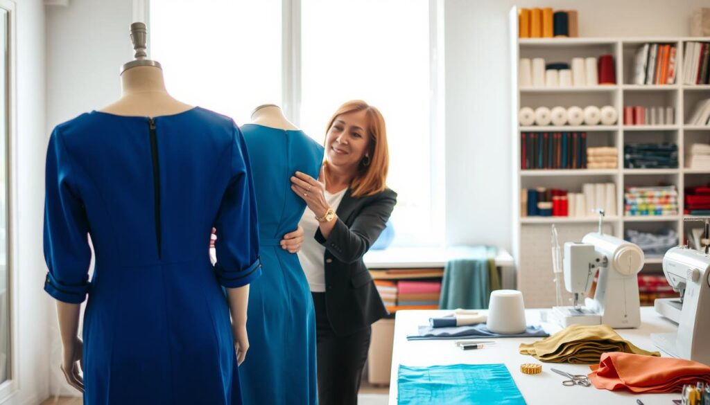 A professional tailor assisting a client in a well-lit, modern sewing shop. In the foreground, a focused tailor, a middle-aged woman in smart casual attire, adjusts a bright blue dress with a back zipper on a mannequin. In the middle ground, colorful fabrics and sewing tools are neatly arranged on a workbench, highlighting a creative atmosphere. The background features shelves filled with spools of thread and pattern books, creating depth. Natural light filters through a large window, casting soft shadows. The mood is collaborative and supportive, capturing the essence of professional tailoring services. The composition emphasizes the expertise and care involved in garment alteration, promoting an inviting and warm feeling. A professional tailor assisting a client in a well-lit, modern sewing shop. In the foreground, a focused tailor, a middle-aged woman in smart casual attire, adjusts a bright blue dress with a back zipper on a mannequin. In the middle ground, colorful fabrics and sewing tools are neatly arranged on a workbench, highlighting a creative atmosphere. The background features shelves filled with spools of thread and pattern books, creating depth. Natural light filters through a large window, casting soft shadows. The mood is collaborative and supportive, capturing the essence of professional tailoring services. The composition emphasizes the expertise and care involved in garment alteration, promoting an inviting and warm feeling.