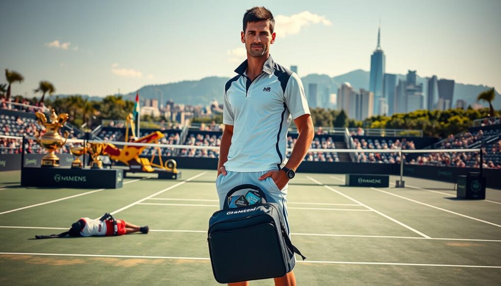 A professional tennis player, symbolizing Novak Djokovic, standing confidently on a tennis court, adorned in stylish athletic wear, showcasing an array of trophies and accolades around him. In the foreground, focus on an open tennis bag revealing sponsorship logos and endorsement items. In the middle ground, depict a vibrant tennis court with a dynamic landscape, emphasizing the game's competitive energy. In the background, illustrate a luxurious city skyline, hinting at his investments and lifestyle outside the sport. The scene is bathed in warm, sunny light, casting soft shadows for a positive, inspirational atmosphere. Capture the essence of success and determination, highlighting both on-court achievements and off-court ventures.