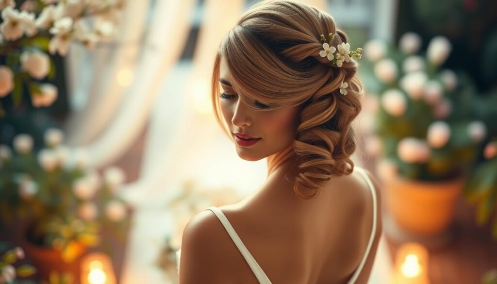 A serene bridal scene featuring an elegant bride with long, flowing hair styled in a sophisticated updo, adorned with delicate floral accents. She is wearing a stunning long gown that gracefully drapes to the floor, complementing the overall bridal aesthetic. The focus is on the intricate hairstyle, showcasing elegant twists and soft curls that frame her face beautifully. The background features a softly lit, romantic garden setting, with blooming flowers and gentle greenery, enhancing the wedding atmosphere. The lighting is warm and inviting, creating a dreamy and ethereal mood. The angle captures a close-up view of the bride from slightly above, emphasizing the hairstyle and the delicate details of her gown. A serene bridal scene featuring an elegant bride with long, flowing hair styled in a sophisticated updo, adorned with delicate floral accents. She is wearing a stunning long gown that gracefully drapes to the floor, complementing the overall bridal aesthetic. The focus is on the intricate hairstyle, showcasing elegant twists and soft curls that frame her face beautifully. The background features a softly lit, romantic garden setting, with blooming flowers and gentle greenery, enhancing the wedding atmosphere. The lighting is warm and inviting, creating a dreamy and ethereal mood. The angle captures a close-up view of the bride from slightly above, emphasizing the hairstyle and the delicate details of her gown.