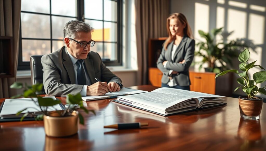 A serene office environment with a well-dressed middle-aged parent seated at a polished wooden desk, reviewing legal documents. In the foreground, there are open folders filled with papers, a fountain pen, and a green potted plant, symbolizing life and growth. In the middle ground, a young adult child stands attentively beside the desk, dressed in smart casual attire, looking at their parent with a mix of interest and concern. The background features a large window with soft, natural light streaming in, casting gentle shadows across the room. The atmosphere conveys a sense of trust and responsibility, highlighting the gravity of asset transfer decisions. The lens captures a warm focus, emphasizing the intimate family interaction while maintaining a professional tone. A serene office environment with a well-dressed middle-aged parent seated at a polished wooden desk, reviewing legal documents. In the foreground, there are open folders filled with papers, a fountain pen, and a green potted plant, symbolizing life and growth. In the middle ground, a young adult child stands attentively beside the desk, dressed in smart casual attire, looking at their parent with a mix of interest and concern. The background features a large window with soft, natural light streaming in, casting gentle shadows across the room. The atmosphere conveys a sense of trust and responsibility, highlighting the gravity of asset transfer decisions. The lens captures a warm focus, emphasizing the intimate family interaction while maintaining a professional tone.