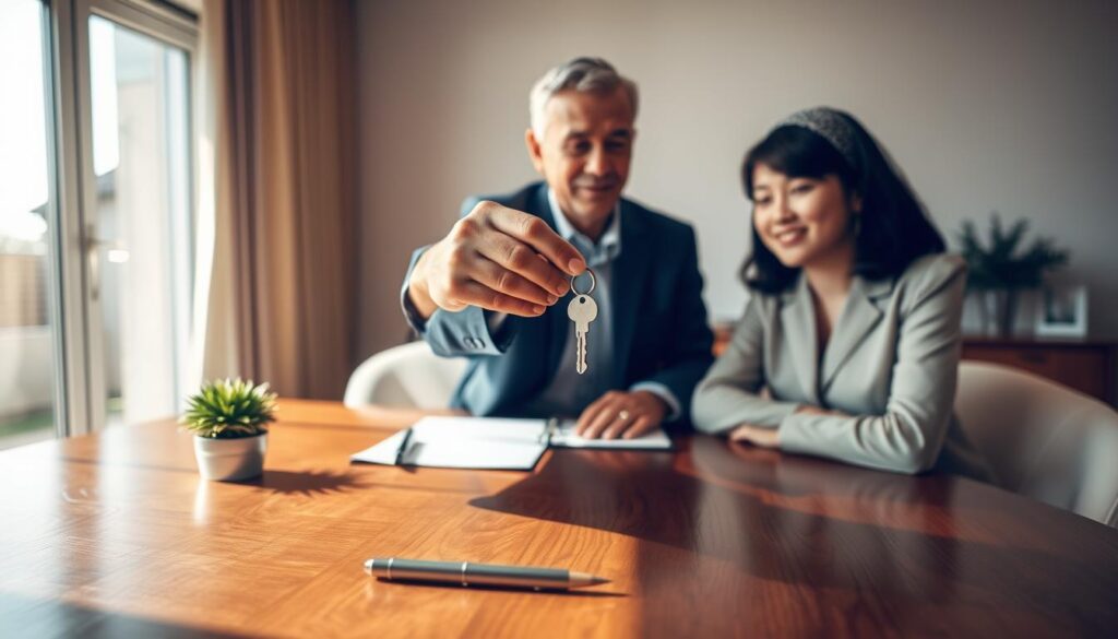 A serene office setting showcasing a well-dressed family meeting. In the foreground, a middle-aged parent is handing over a symbolic key, representing the transfer of property, to their adult child dressed in smart casual attire. The middle ground features a polished wooden table with legal documents neatly arranged, a pen lying atop them, and a small plant adding a touch of life. The background depicts a warm, softly lit room with a large window letting in natural sunlight, illuminating the scene and casting gentle shadows. The atmosphere conveys trust, responsibility, and familial love, highlighting the emotional aspect of asset transfer while maintaining a professional setting. A serene office setting showcasing a well-dressed family meeting. In the foreground, a middle-aged parent is handing over a symbolic key, representing the transfer of property, to their adult child dressed in smart casual attire. The middle ground features a polished wooden table with legal documents neatly arranged, a pen lying atop them, and a small plant adding a touch of life. The background depicts a warm, softly lit room with a large window letting in natural sunlight, illuminating the scene and casting gentle shadows. The atmosphere conveys trust, responsibility, and familial love, highlighting the emotional aspect of asset transfer while maintaining a professional setting.