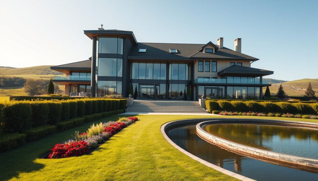A sophisticated and wealthy businessman’s estate reflecting the success of Dariusz Mioduski. In the foreground, an elegantly landscaped garden with manicured hedges, colorful flower beds, and a tranquil pond. The middle ground features a modern, architecturally striking mansion with large glass windows, showcasing a luxurious ambiance. In the background, rolling green hills and a clear blue sky add depth to the scene, hinting at its expansive grounds. The lighting is warm and inviting, simulating a late afternoon sun casting soft shadows. The overall mood is one of affluence and tranquility, embodying a successful entrepreneur's lifestyle without any human figures. The angle captures a panoramic view of the property from a slightly elevated perspective to enhance the grandeur of the estate. A sophisticated and wealthy businessman’s estate reflecting the success of Dariusz Mioduski. In the foreground, an elegantly landscaped garden with manicured hedges, colorful flower beds, and a tranquil pond. The middle ground features a modern, architecturally striking mansion with large glass windows, showcasing a luxurious ambiance. In the background, rolling green hills and a clear blue sky add depth to the scene, hinting at its expansive grounds. The lighting is warm and inviting, simulating a late afternoon sun casting soft shadows. The overall mood is one of affluence and tranquility, embodying a successful entrepreneur's lifestyle without any human figures. The angle captures a panoramic view of the property from a slightly elevated perspective to enhance the grandeur of the estate.