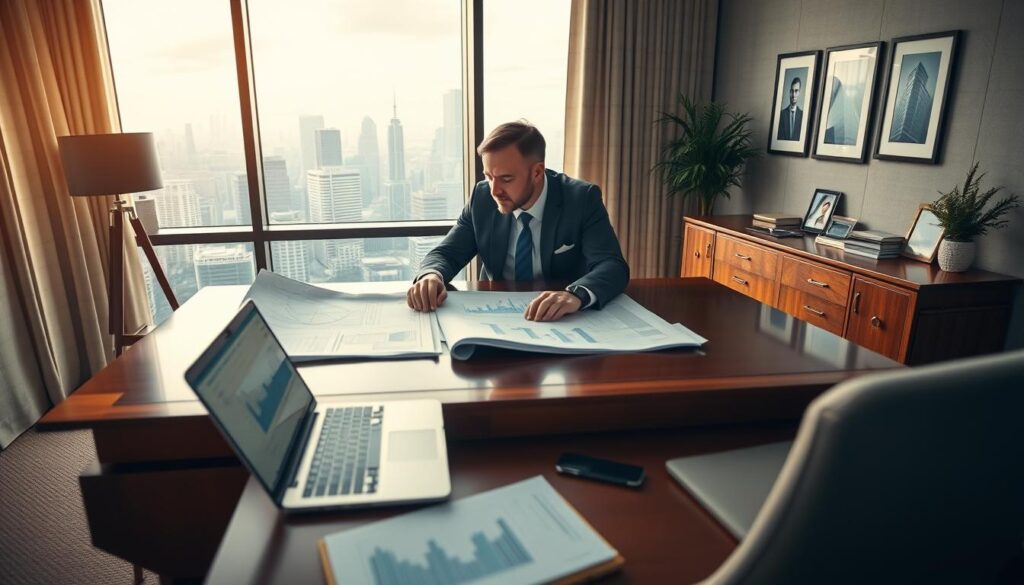 A sophisticated business setting showcasing Krzysztof Rutkowski’s wealth through real estate and companies. In the foreground, a smartly dressed man in a tailored suit reviews blueprints and financial documents at an elegant wooden desk. In the middle, a large window reveals a skyline of modern architecture, representing significant properties. On the desk, a laptop displays graphs of income sources. In the background, framed photos of past victories adorn the walls. The lighting is soft and warm, creating an inviting yet professional atmosphere. The image captures ambition and success, embodying the spirit of entrepreneurship and investment in current high-value assets. The angle is slightly elevated, giving a commanding view of the desk and the city.
