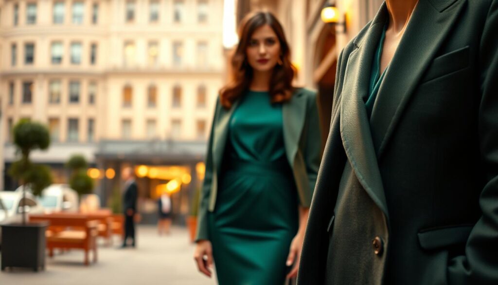 A sophisticated fashion scene featuring an elegant woman in a bottle green dress, thoughtfully paired with a classic tailored jacket in a complementary tone. The foreground captures the details of luxurious fabrics and textures, showcasing the interplay of elegance and style. In the middle ground, the woman stands confidently, her pose exuding grace and poise, embodying the essence of fashionable sophistication. The background features a softly blurred, upscale urban setting, with warm, ambient lighting that creates a welcoming atmosphere. The image is shot with a shallow depth of field, giving a cinematic feel while focusing on the subject. The overall mood should be one of timeless elegance, celebrating the rich, deep hue of bottle green as a perfect choice for modern sophistication. A sophisticated fashion scene featuring an elegant woman in a bottle green dress, thoughtfully paired with a classic tailored jacket in a complementary tone. The foreground captures the details of luxurious fabrics and textures, showcasing the interplay of elegance and style. In the middle ground, the woman stands confidently, her pose exuding grace and poise, embodying the essence of fashionable sophistication. The background features a softly blurred, upscale urban setting, with warm, ambient lighting that creates a welcoming atmosphere. The image is shot with a shallow depth of field, giving a cinematic feel while focusing on the subject. The overall mood should be one of timeless elegance, celebrating the rich, deep hue of bottle green as a perfect choice for modern sophistication.