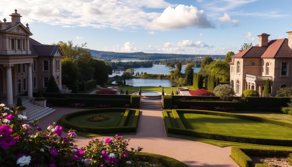A sophisticated real estate scene showcasing the properties associated with Hanna Suchocka, featuring a grand, elegant mansion with opulent architecture in the foreground. Surrounding the mansion, lush green gardens with meticulously trimmed hedges and blooming flowers add vibrancy. In the middle ground, a picturesque view of a serene lake reflects the sky, enhancing the tranquility of the scene. In the background, a clear blue sky with a few fluffy clouds complements the overall ambiance. Soft, warm lighting casts gentle shadows, creating a welcoming mood. Capture the scene from a slightly elevated angle to emphasize the property’s grandeur and the richness of its environment, suggesting an air of wealth and sophistication. The image should convey a sense of success and stability, focusing on the beauty and elegance of the estate. A sophisticated real estate scene showcasing the properties associated with Hanna Suchocka, featuring a grand, elegant mansion with opulent architecture in the foreground. Surrounding the mansion, lush green gardens with meticulously trimmed hedges and blooming flowers add vibrancy. In the middle ground, a picturesque view of a serene lake reflects the sky, enhancing the tranquility of the scene. In the background, a clear blue sky with a few fluffy clouds complements the overall ambiance. Soft, warm lighting casts gentle shadows, creating a welcoming mood. Capture the scene from a slightly elevated angle to emphasize the property’s grandeur and the richness of its environment, suggesting an air of wealth and sophistication. The image should convey a sense of success and stability, focusing on the beauty and elegance of the estate.