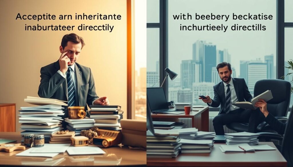 A split image illustrating the differences between "accepting an inheritance directly" and "accepting an inheritance with the benefit of inventory." On the left, depict a formal setting with a businessperson assessing a pile of assets, including documents and valuable items, symbolizing direct inheritance, with a contemplative expression. On the right, show another businessperson in a slightly cluttered office, surrounded by checklists and legal papers, embodying the concept of inventory benefit with a relieved look. Soft, warm lighting enhances the professionalism of the scene. The background showcases a skyline view through a window, suggesting a bustling city. Ensure a balanced, clear composition that conveys the mood of responsibility and clarity in the inheritance process.